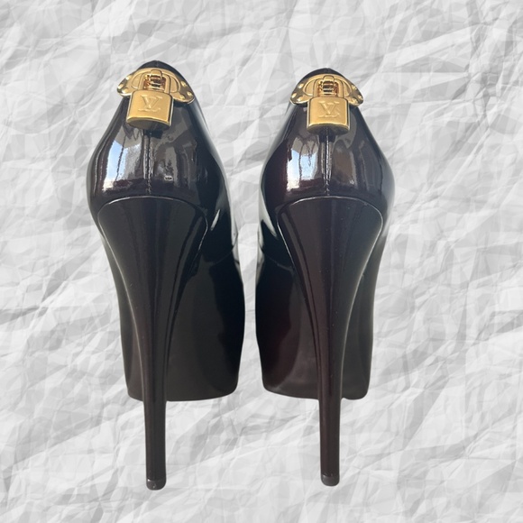 Louis Vuitton Black Patent Calf Leather Peep Toe Heeled Pumps Size EU38 Burgundy - Picture 3 of 8